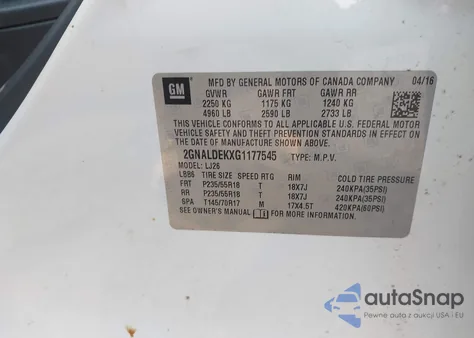 2016 Chevrolet Equinox Ltz z USA, uszkodzony, nr VIN 2GNALDEKXG1177545